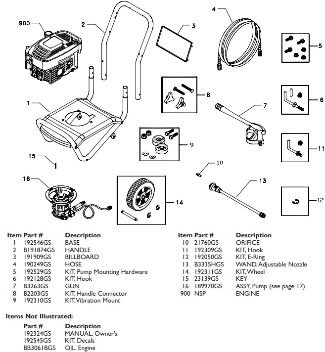 Briggs & Stratton pressure washer model 019090 replacement parts, pump breakdown, repair kits, owners manual and upgrade pump.